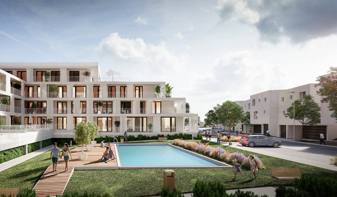 Komunitní vyhřívaný bazén pro obyvatele bytů a apartmánů v Agátech je unikátním benefitem tohoto projektu