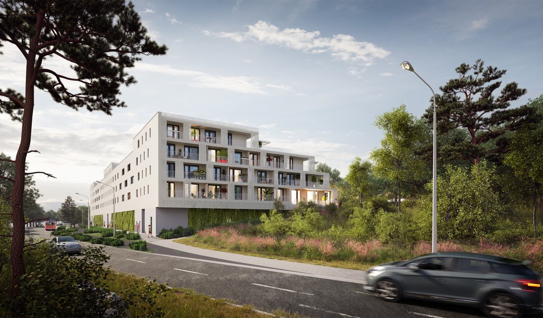 The side wall of the project forms a natural noise barrier between the road, the apartment building and the inner courtyards