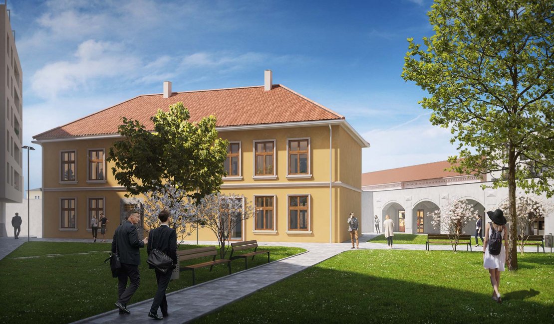 Vo vnútrobloku projektu sme obnovili národnú kultúrnu pamiatku Mlynskú baštu a historický objekt tzv. Labortórium.
